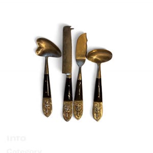 T.H.S Siam Buddha “Charcuterie” Set Lightly Gilded Brass w/Wooden Handles 4pc Set