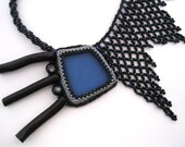 Blue - Beadwoven Necklace Asymmetric OOAK Black Grey Bead Embroidered