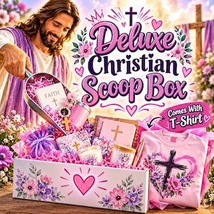 May include: A Deluxe Christian Scoop Box containing various items including a pink t-shirt, journals with cross motifs, candles, and a rosary. The box features floral decorations and a heart icon, with text reading Deluxe Christian Scoop Box.