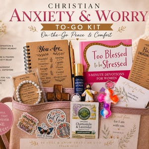 May include: A Christian Anxiety & Worry To-Go Kit with a variety of items. Includes a journal, a book titled "Too Blessed to be Stressed", a bracelet, stickers, essential oil, tea, and a cross-shaped keychain. The kit is designed for on-the-go peace and comfort.