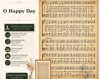 O Happy Day Vintage Hymn Print: Sacred Christian Music Art, Antique Engraving (Printable PDF, Worship Room Decoration)