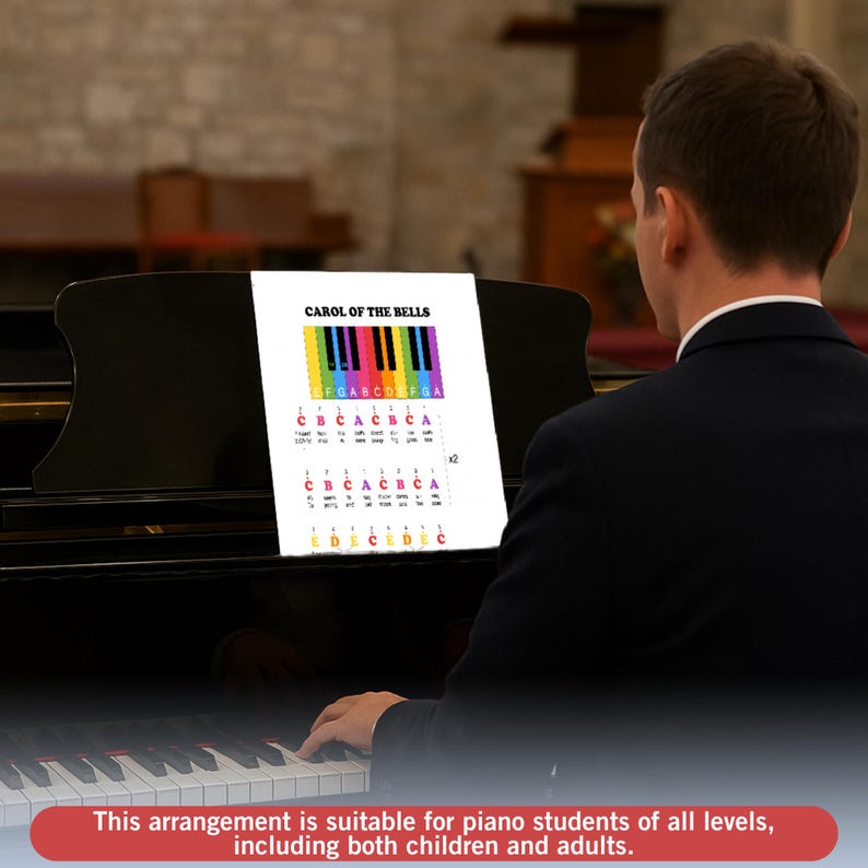 May include: A sheet music arrangement for "Carol of the Bells" displayed on a piano music stand. The sheet music features a colorful keyboard diagram and musical notation. The text on the sheet music reads "CAROL OF THE BELLS".