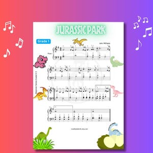 May include: A sheet music page for Jurassic Park, Grade 1, featuring black musical notation on a white background. The page includes colorful cartoon dinosaur illustrations, including a pink triceratops, a yellow pterodactyl, and a green long-neck dinosaur.