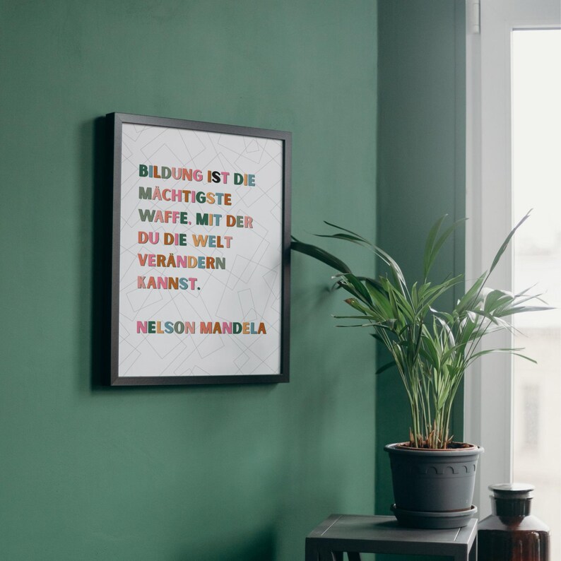 Nelson Mandela Bildung Zitat Poster, digitale Wandkunst zum Ausdrucken im A4-Format, perfekt für Klassenzimmer, Arbeitszimmer oder Büro, mit motivierendem Spruch für Schüler, Lehrer und Kollegen.
