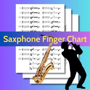 May include: A golden saxophone rests against a stack of white sheet music with musical notes. The text "Saxophone Finger Chart" is displayed across the image. A black silhouette of a person playing the saxophone is on the right side of the image.