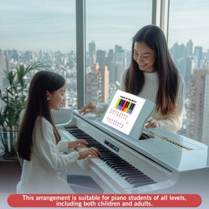May include: A white piano with black and white keys. A woman and a child are playing the piano together. A tablet displays the text "CAROLS OF THE BELLS" with a colorful musical scale. The text at the bottom says, "This arrangement is suitable for piano students of all levels, including both children and adults."
