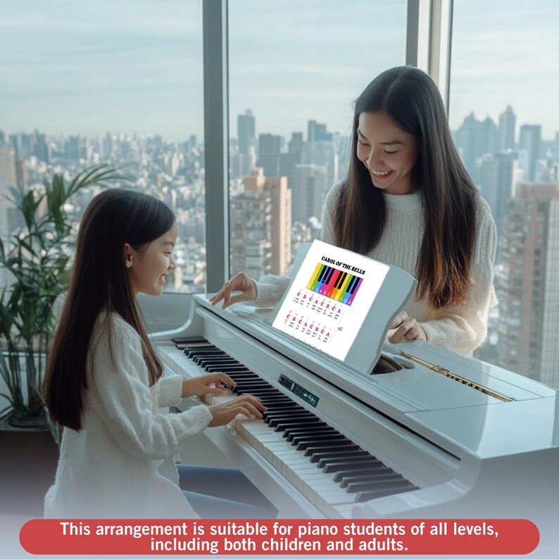 May include: A white piano with black and white keys. A woman and a child are playing the piano together. A tablet displays the text "CAROLS OF THE BELLS" with a colorful musical scale. The text at the bottom says, "This arrangement is suitable for piano students of all levels, including both children and adults."