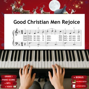 Puede incluir: Una partitura de piano titulada Good Christian Men Rejoice con notación musical sobre un fondo blanco. La partitura incluye letras y pentagramas. Arriba hay una pancarta roja con renos y un piano. Debajo se muestran botones de color rojo.