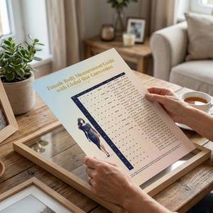 Puede incluir: Una persona sostiene una guía impresa titulada "Female Body Measurement Guide with Global Size Conversion". La guía presenta una tabla con conversiones de tallas y una ilustración de una mujer. El fondo incluye una mesa de madera, un marco de fotos y una planta en maceta.