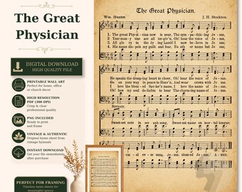 The Great Physician Vintage Hymn Print - William Hunter & J H Stockton Sheet Music, Antique Style, Christian Home Decor, Digital Download