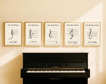 Historic Composer Poster Bundle – Vintage Treble Clef & Signature Wall Art Set | Vivaldi, Bach, Haydn, Mozart, Beethoven, Schubert, Brahms