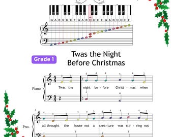 Twas The Night Grade 1 Piano Sheet Music, Easy Christmas Melody (Colored Letter Notes, PDF Download, Beginner)