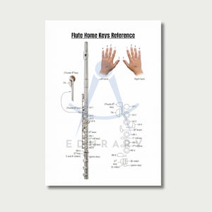 Peut inclure: Une affiche intitulée "Flute Home Keys Reference" présente un diagramme de flûte argentée, des schémas de mains et des notations de touches. L'affiche comprend des étiquettes pour les positions des doigts de la main gauche et droite, et les noms des touches.