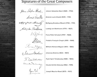 Autographes de grands compositeurs - Impression murale numérique avec fichiers de signatures individuels - Maîtres de la musique historiques pour la salle de classe, le studio et la décoration intérieure