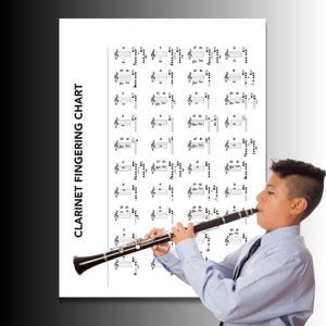 Może przedstawiać: Tabela chwytów na klarnet z nutami i diagramami chwytów. Osoba gra na czarnym klarnecie. Na wykresie znajduje się napis "CLARINET FINGERING CHART" wydrukowany pionowo po lewej stronie.