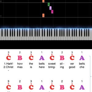 May include: A piano keyboard with sheet music notation. The music notes are color-coded and correspond to the keys on the piano. The lyrics "Hark! how the bells sweet sil- ver bells" are visible.