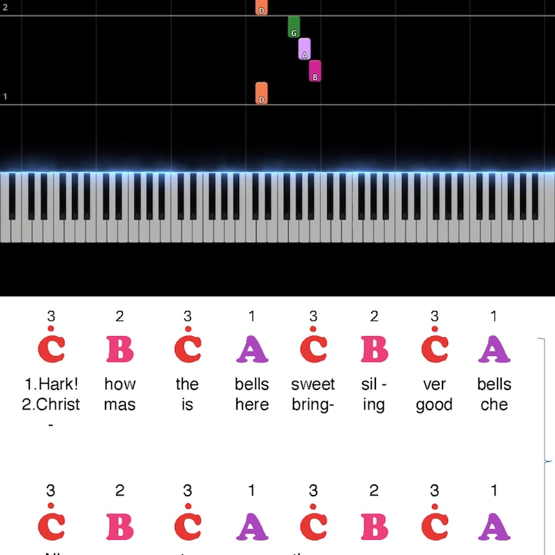 May include: A piano keyboard with sheet music notation. The music notes are color-coded and correspond to the keys on the piano. The lyrics "Hark! how the bells sweet sil- ver bells" are visible.