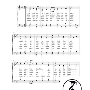 Könnte beinhalten: Eine Notenblattseite mit dem Titel Be Thou My Vision, die schwarze Notenschrift und Liedtexte auf weißem Hintergrund zeigt. Die Partitur enthält fünf Strophen, die mit Noten auf einem System ausgerichtet sind. Ein kreisförmiges Logo mit einem Violinschlüssel und einer Doktorhut-Grafik befindet sich in der unteren rechten Ecke.