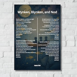 Puede incluir: Un póster azul oscuro con el poema "Wynken, Blynken, and Nod" de Eugene Field. El título está en blanco y el poema en texto negro. La imagen incluye una luna creciente y siluetas de niños.
