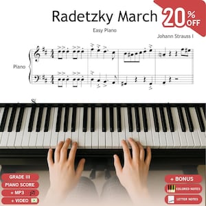 Op de afbeelding: Een digitaal bladmuziekblad voor Radetzky March door Johann Strauss I, getiteld Easy Piano. De afbeelding toont een notenbalk met viool- en bassleutels, noten en accenten. Onder de bladmuziek is een pianotoetsenbord met handen zichtbaar.