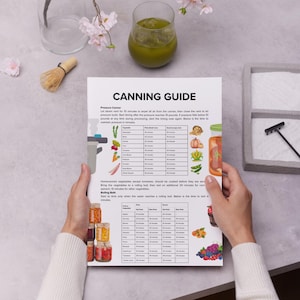 Puede incluir: Una persona sostiene una "Guía de enlatado" con instrucciones y una tabla que detalla los tiempos de procesamiento para varias verduras. La guía incluye ilustraciones de verduras y frascos de conservas. Un vaso de líquido verde y un batidor de varillas están en el fondo.