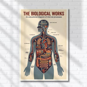 以下が含まれることがあります： 「THE BIOLOGICAL WORKS」と題された教育用図で、人体の内部プロセスをイラストで表現しています。ベージュの背景に青、赤、茶色の内臓が描かれた、ヴィンテージスタイルの図です。