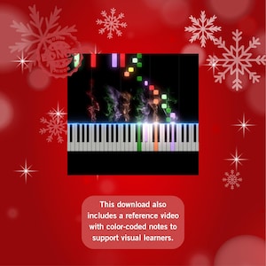 May include: A digital piano keyboard with colorful notes and a red background with snowflakes. The image includes the text: "This download also includes a reference video with color-coded notes to support visual learners."