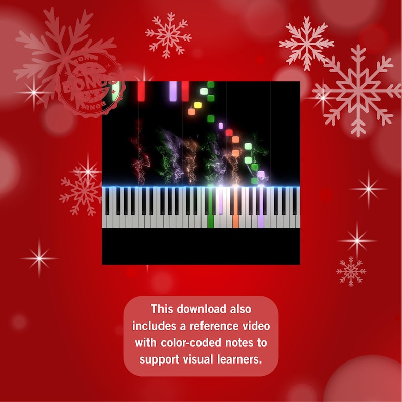May include: A digital piano keyboard with colorful notes and a red background with snowflakes. The image includes the text: "This download also includes a reference video with color-coded notes to support visual learners."