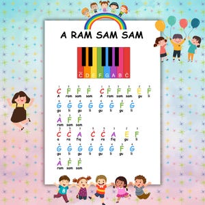 May include: A musical chart featuring the song "A Ram Sam Sam". It includes a rainbow-coloured piano keyboard and musical notes. Cartoon children and a rainbow decorate the top and bottom of the chart.