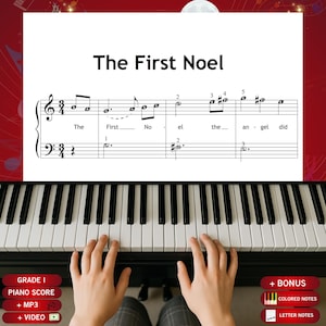 May include: A piano sheet music page titled The First Noel with musical notation, lyrics, and finger numbering. The score is displayed above a black and white piano keyboard. Red buttons at the bottom include text like Grade I, Piano Score, MP3, and Video.