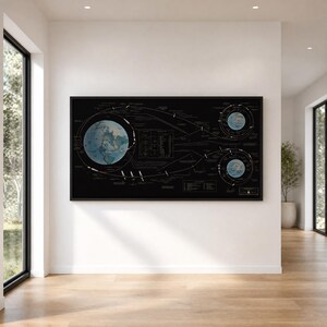 May include: A rectangular black wall art print featuring a detailed technical diagram of orbital flight paths. The graphic displays three circular views of Earth with white lines tracing trajectories, small rocket icons, and extensive text labels.