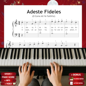 May include: A piano keyboard with sheet music for Adeste Fideles (O Come All Ye Faithful) displayed above. The music features black staff lines, notes with letters inside circles, and lyrics in Latin and English. The text Grade 1, Piano Score, MP3, Video, and Bonus Coloured Notes and Letter Notes are visible.