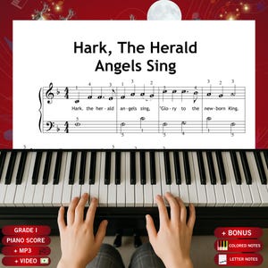 May include: A piano score titled Hark, The Herald Angels Sing with musical notation, lyrics, and finger numbering. The sheet music is displayed above a black and white piano keyboard. Red rectangular buttons at the bottom include text labels.