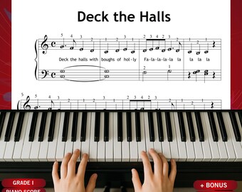 Deck The Halls Grade 1 Christmas Sheet Music: Easy Beginner Piano Song, Color Notes & Finger Numbers (Digital PDF, Printable)