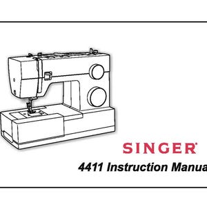 May include: Line drawing of a Singer 4411 sewing machine. The instruction manual cover features the Singer logo in red and the text "4411 Instruction Manual" in black.