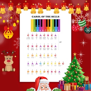 Op de afbeelding: Een kerstafbeelding met de tekst "CAROL OF THE BELLS" en een kleurrijke piano-toetsenbordafbeelding. De afbeelding bevat een kerstboom, de kerstman en geschenkdozen, met muzieknoten en songteksten.