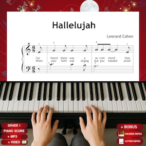 Può includere: Una pagina di spartito per Hallelujah di Leonard Cohen con un pentagramma in chiave di violino e chiave di basso con note e testi. La pagina mostra il titolo, il nome del compositore e la notazione musicale delle battute iniziali sopra una tastiera di pianoforte.