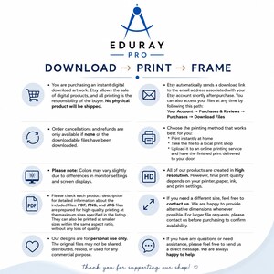 May include: An informational graphic for EDURAY PRO featuring the text DOWNLOAD -> PRINT -> FRAME. It includes icons for a shopping cart, email, printer, HD, and contact options, explaining the digital download process for artwork files.