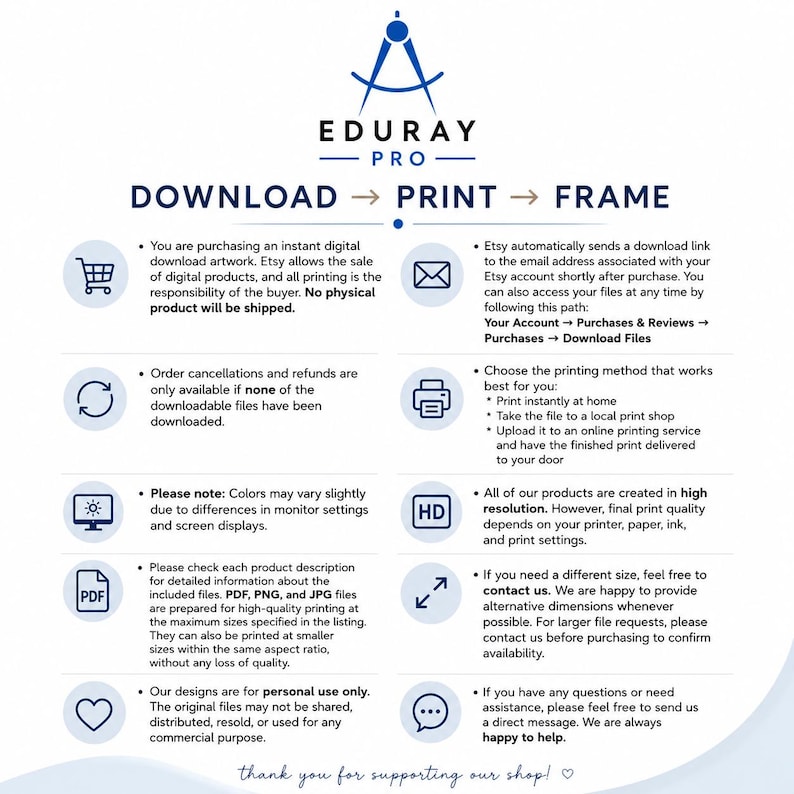 May include: An informational graphic for EDURAY PRO featuring the text DOWNLOAD -> PRINT -> FRAME. It includes icons for a shopping cart, email, printer, HD, and contact options, explaining the digital download process for artwork files.