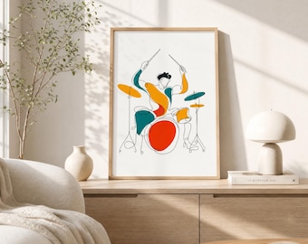 Drummer Wall Art Printable - Mid Century Modern Drum Set Poster - Scandinavian Line Art, Digital Download, Music Room Decor