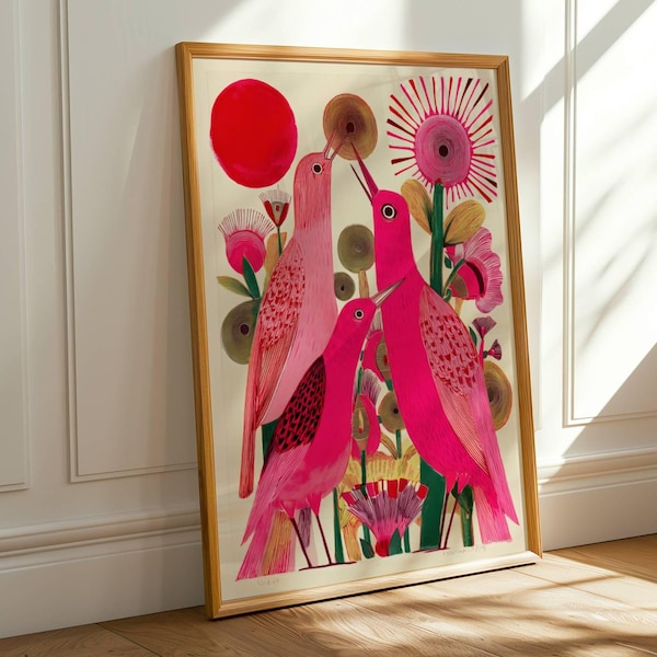 Vibrant Pink Birds Print, Folk Art Floral Wall Art