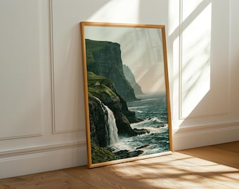 Poster mit Wasserfall an Meeresklippen, Wandbild mit Küstenmotiv, Druck mit dramatischer Meeresklippenlandschaft, nordische Szenerie