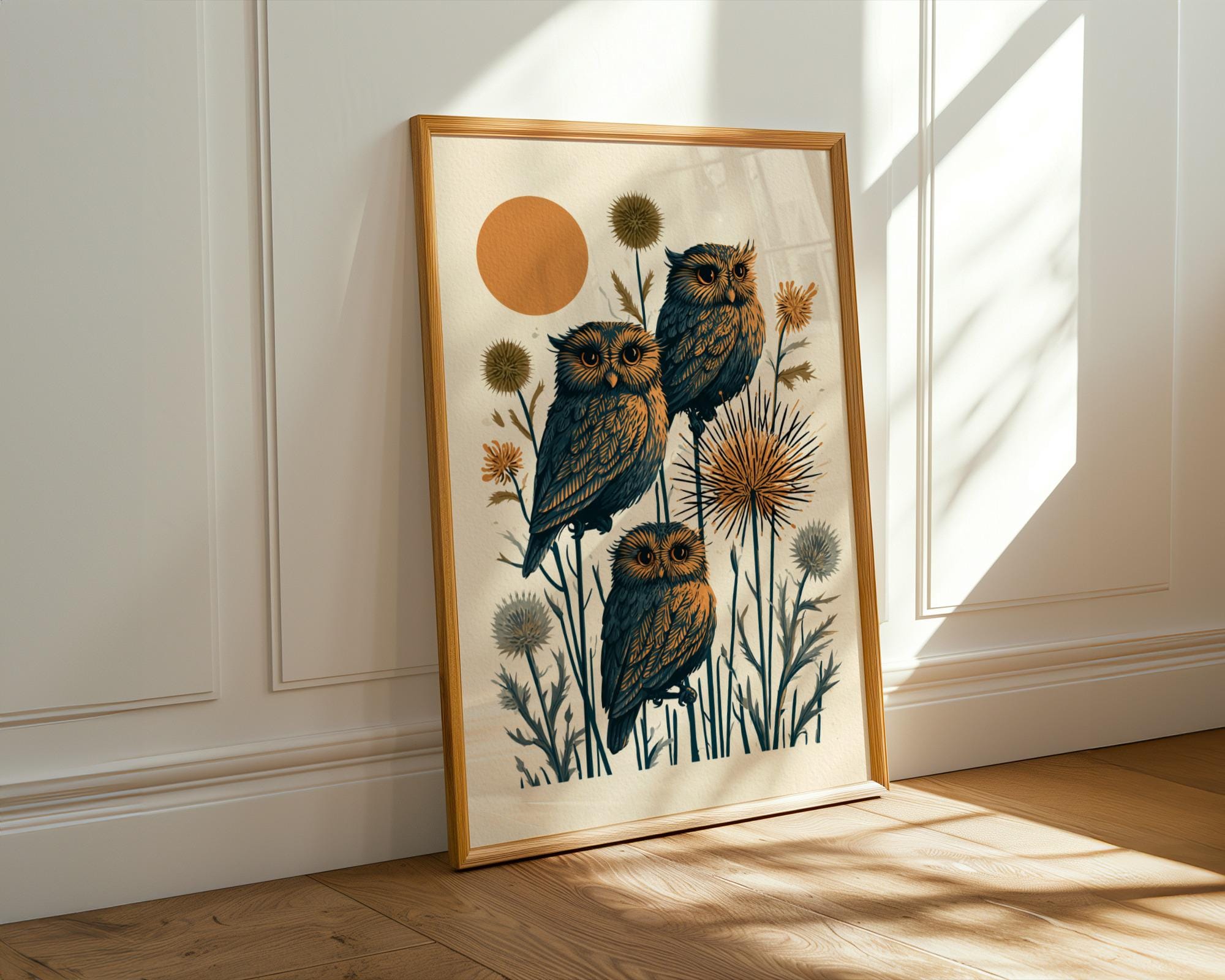 Folk Art Bird Print, Three Owls Among Wildflowers in Navy and Ochre
