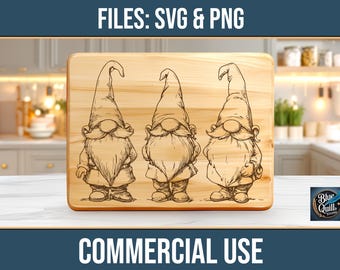 May include: A wooden cutting board with three gnomes etched into the surface. The gnomes have pointed hats and long beards. The text "FILES: SVG & PNG" is at the top, and "COMMERCIAL USE" is at the bottom.