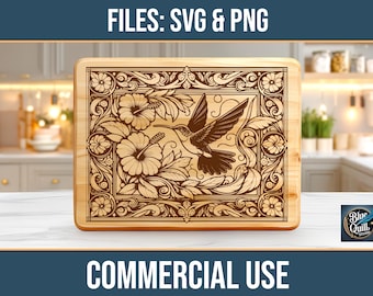 Colibri Floral SVG PNG fichier de gravure laser charcuterie planche à découper usage commercial téléchargement numérique
