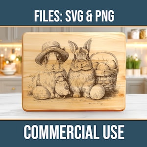 May include: Wooden cutting board with an engraved illustration of two rabbits, a chick, and a basket of eggs. One rabbit wears a hat. The text "FILES: SVG & PNG" and "COMMERCIAL USE" are displayed above and below the image.