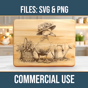 May include: A wooden cutting board with a detailed engraving of a duck wearing a hat, standing next to a watering can and a basket of flowers. The text "FILES: SVG & PNG" and "COMMERCIAL USE" are displayed above and below the board.