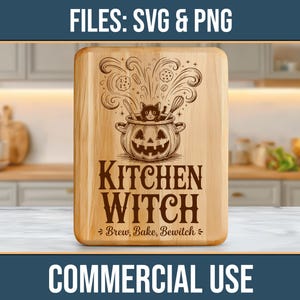 May include: Wooden cutting board with a carved design featuring a cauldron with a cat inside, a jack-o'-lantern face, and the words "Kitchen Witch." The text "Brew, Bake, Bewitch" is also included. The words "FILES: SVG & PNG" and "COMMERCIAL USE" are also visible.
