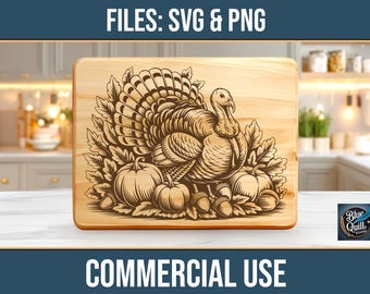 May include: Wooden cutting board with a detailed engraving of a turkey, pumpkins, and acorns. The text "FILES: SVG & PNG" is at the top, and "COMMERCIAL USE" is at the bottom. The design is suitable for Thanksgiving.