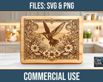 Colibri Floral SVG PNG fichier de gravure laser charcuterie planche à découper usage commercial téléchargement numérique